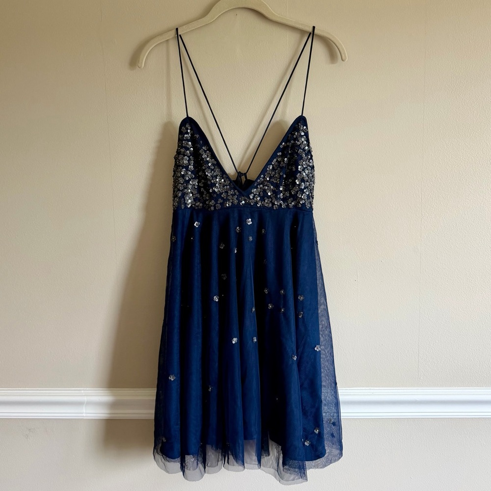 NWT Free People Noel Shine Mini Dress in Midnight, L